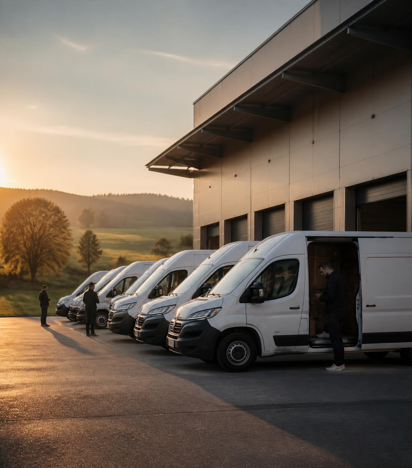 Fahrzeugflotte von Baden Express Logistics vor dem Standort in Sasbach am Morgen