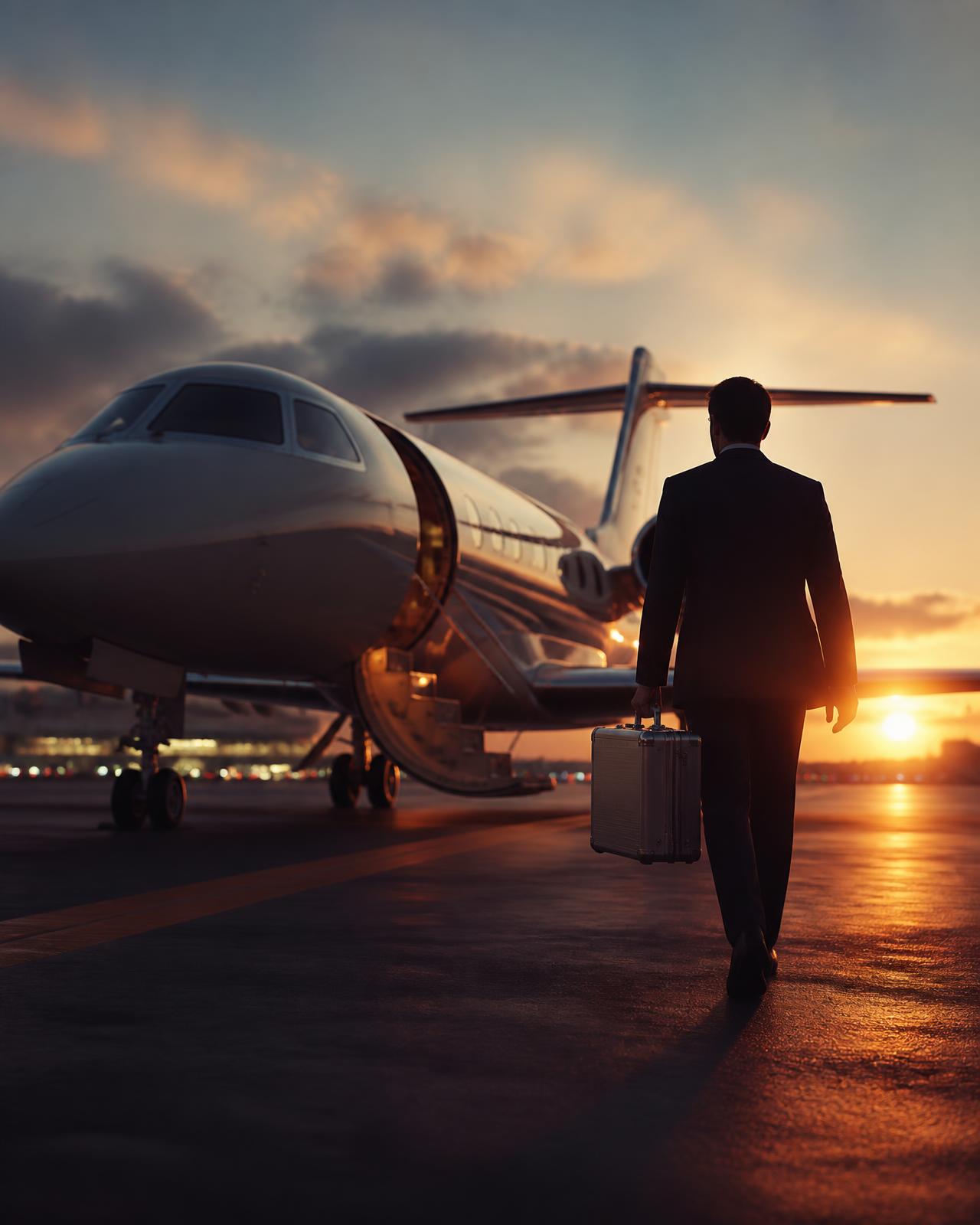 Kurier mit Alukoffer geht in der Dämmerung zu einem Privatjet auf dem Rollfeld