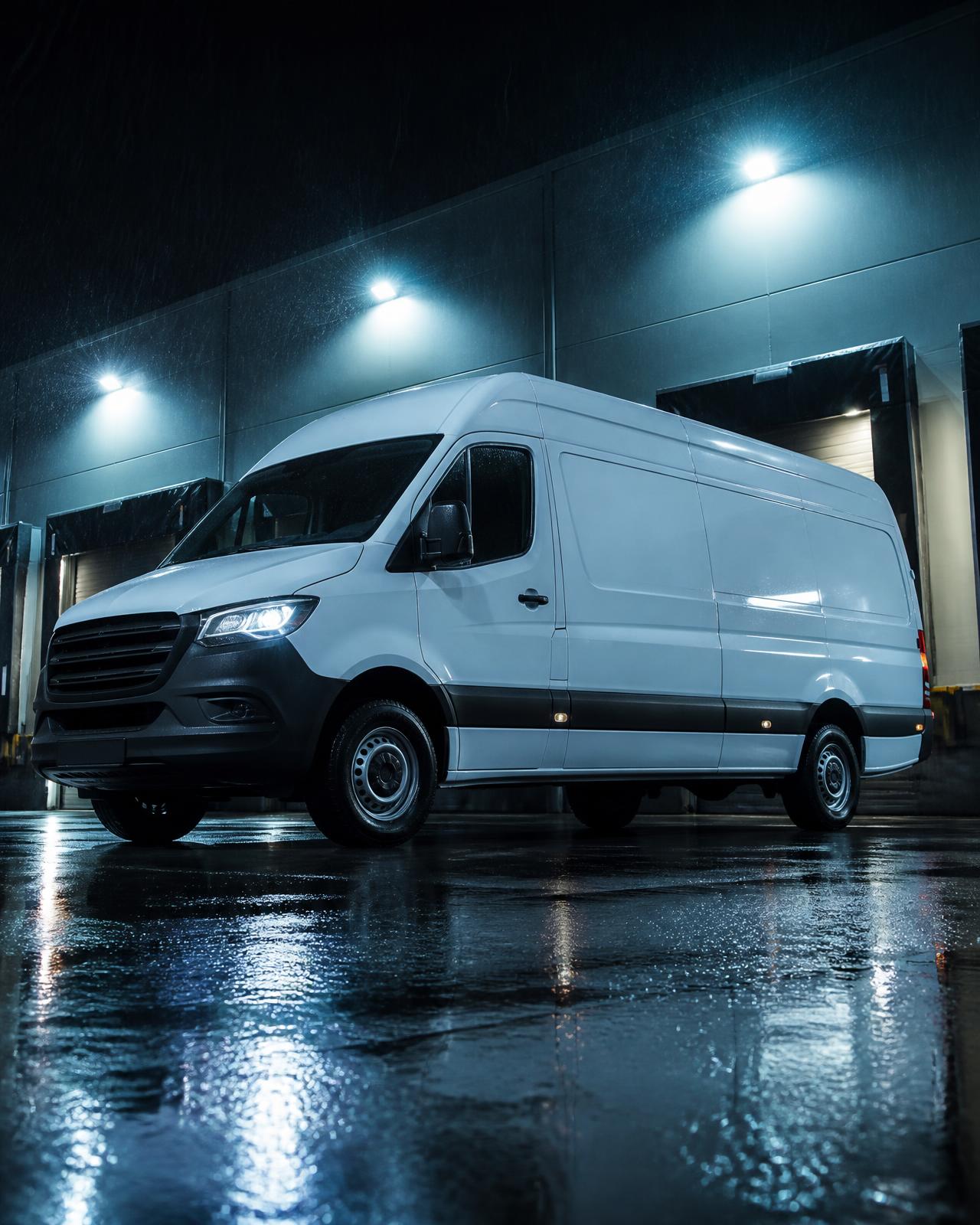 Weißer Sprinter Kastenwagen bei Nacht auf nassem Asphalt vor einer Laderampe
